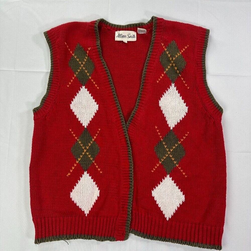 Vintage Allison Smith 1980s Knit‎ Red Brown Argyle Sweater Vest Women's Large